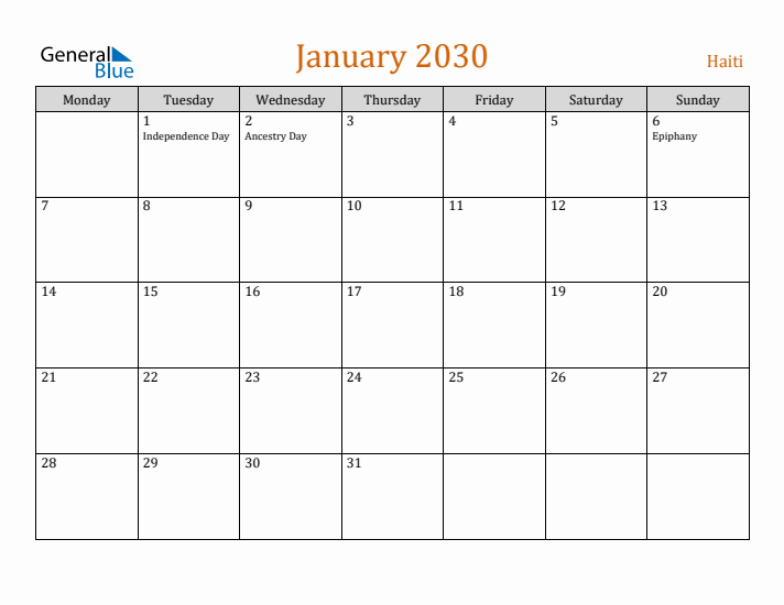 January 2030 Holiday Calendar with Monday Start