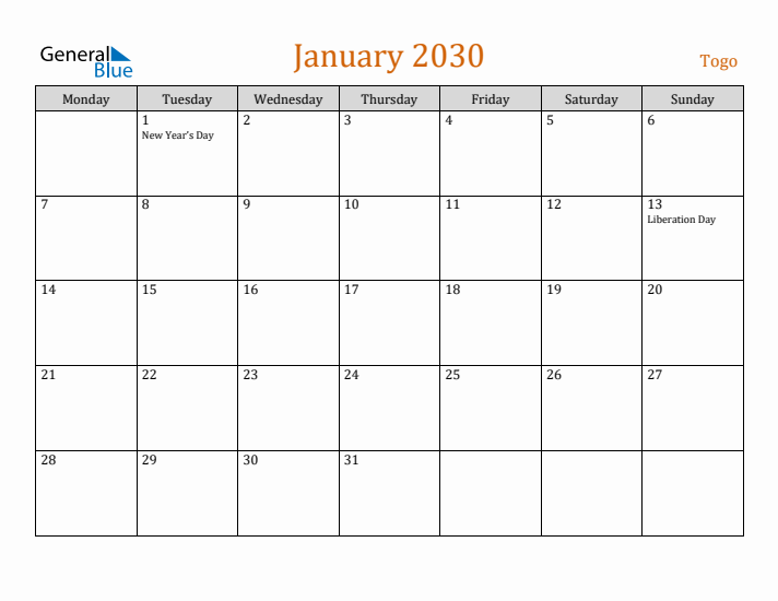 January 2030 Holiday Calendar with Monday Start