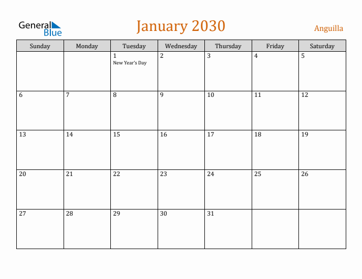 January 2030 Holiday Calendar with Sunday Start