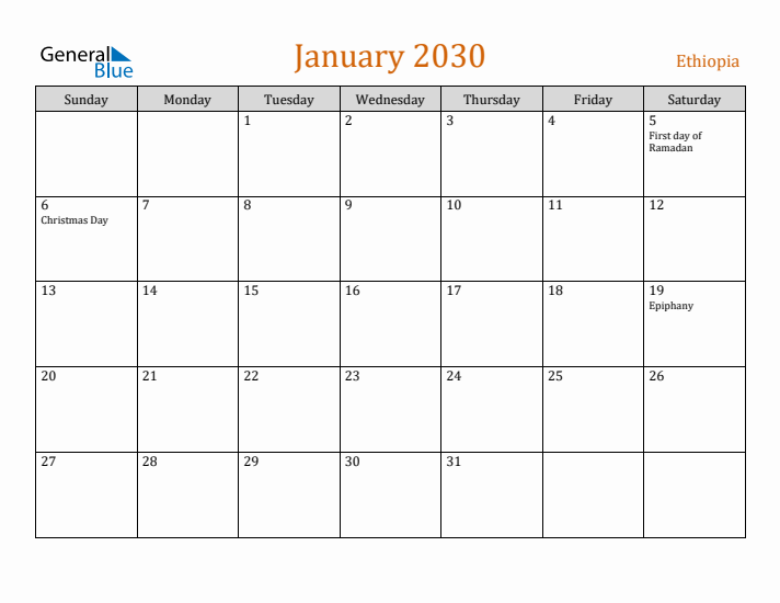 January 2030 Holiday Calendar with Sunday Start