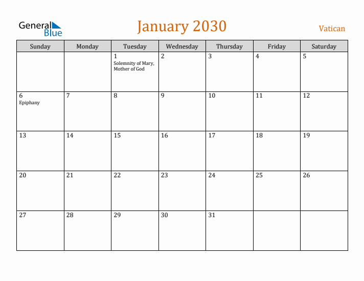 January 2030 Holiday Calendar with Sunday Start