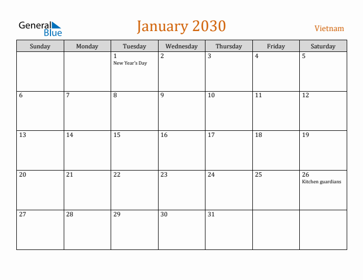 January 2030 Holiday Calendar with Sunday Start