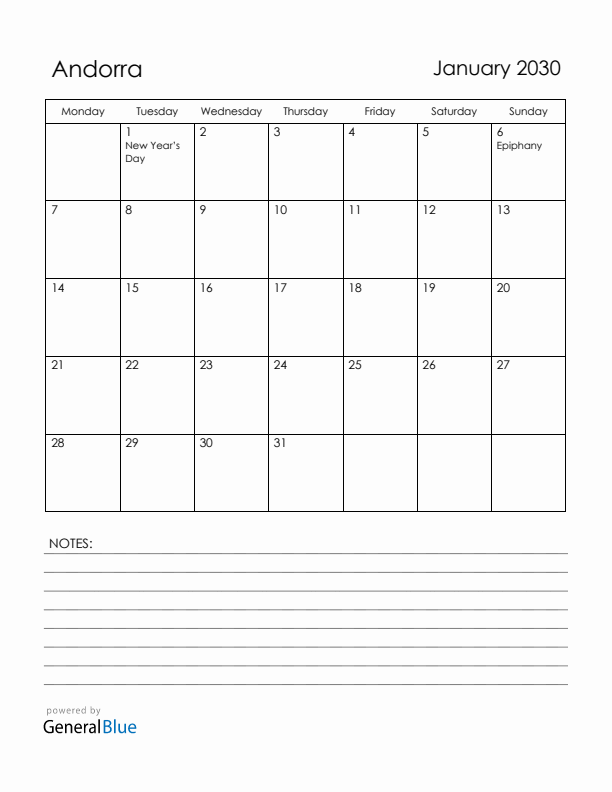 January 2030 Andorra Calendar with Holidays (Monday Start)