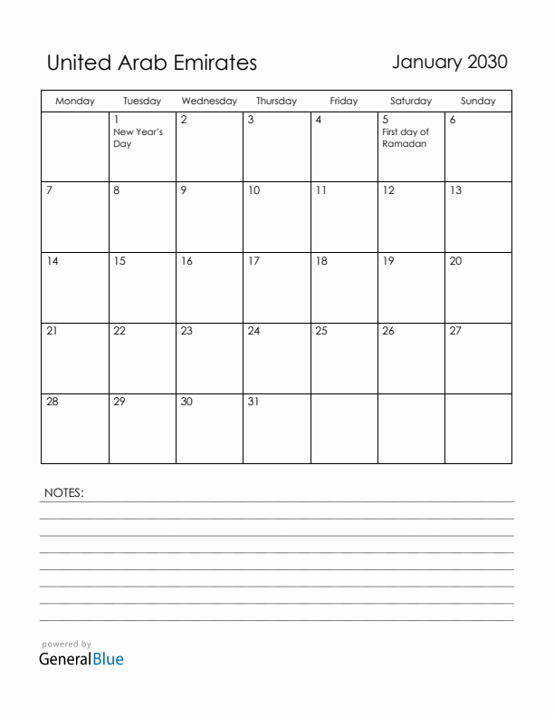 January 2030 United Arab Emirates Calendar with Holidays (Monday Start)