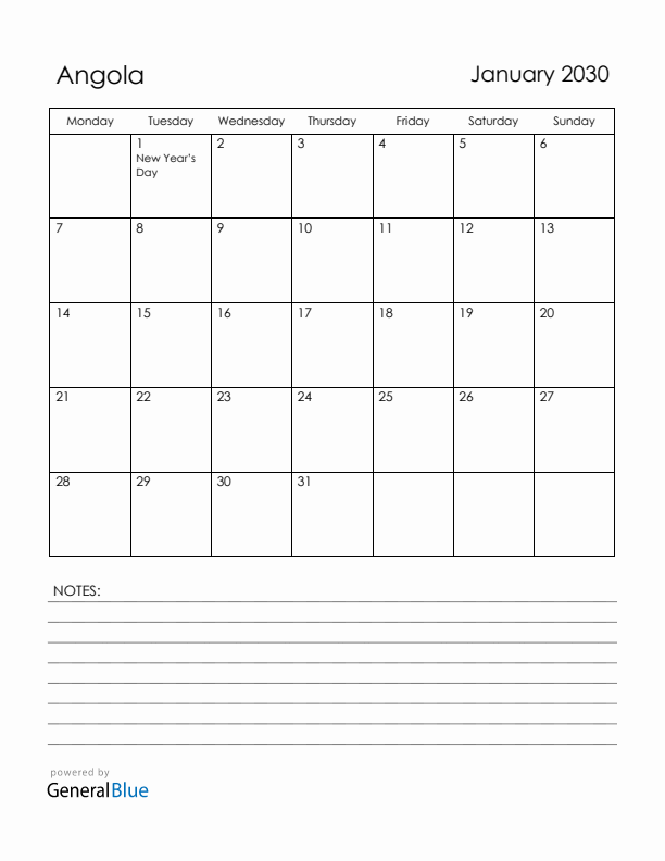 January 2030 Angola Calendar with Holidays (Monday Start)