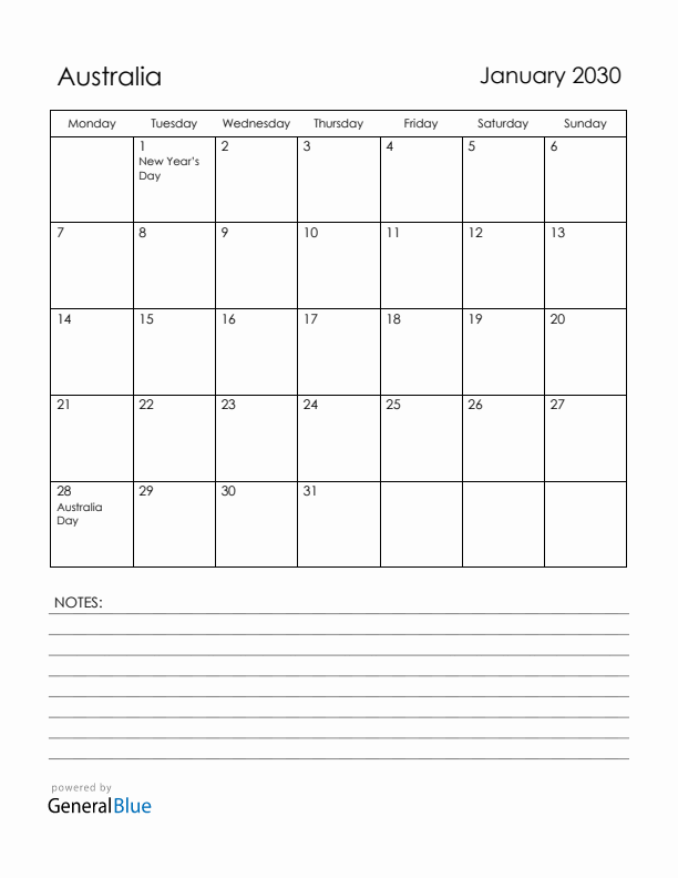 January 2030 Australia Calendar with Holidays (Monday Start)