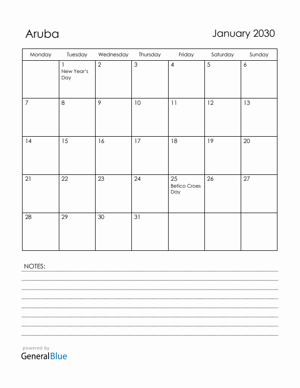 January 2030 Aruba Calendar with Holidays (Monday Start)
