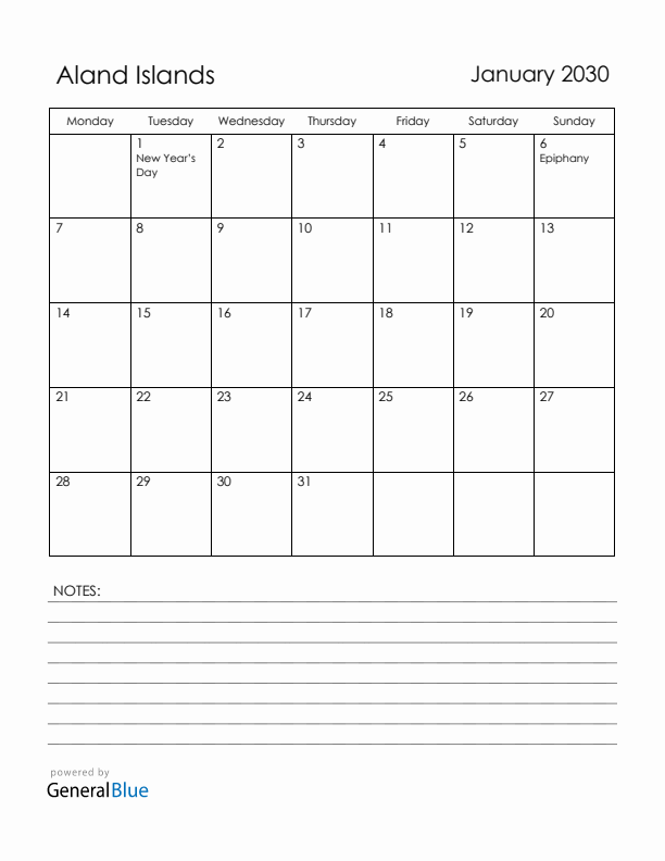January 2030 Aland Islands Calendar with Holidays (Monday Start)