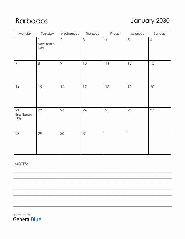 January 2030 Barbados Calendar with Holidays (Monday Start)