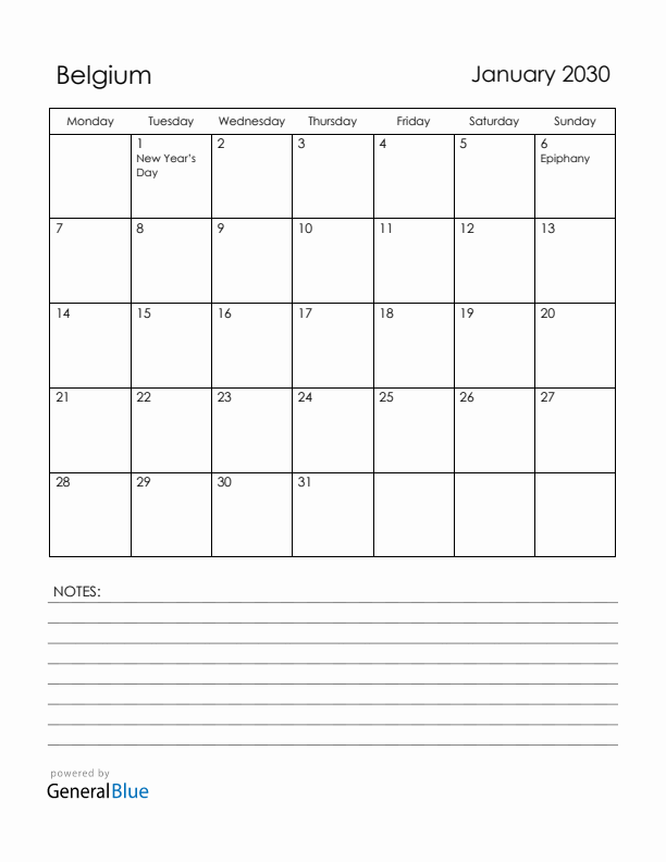 January 2030 Belgium Calendar with Holidays (Monday Start)