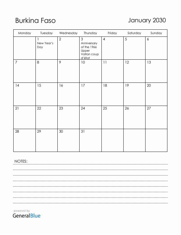 January 2030 Burkina Faso Calendar with Holidays (Monday Start)