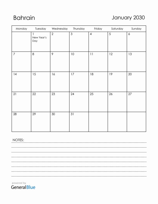 January 2030 Bahrain Calendar with Holidays (Monday Start)