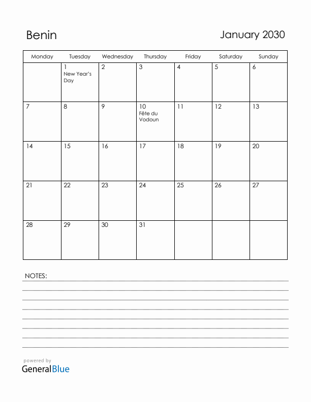 January 2030 Benin Calendar with Holidays (Monday Start)