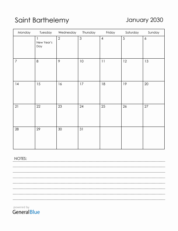 January 2030 Saint Barthelemy Calendar with Holidays (Monday Start)