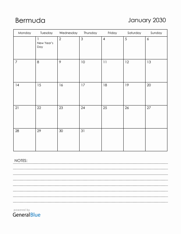 January 2030 Bermuda Calendar with Holidays (Monday Start)
