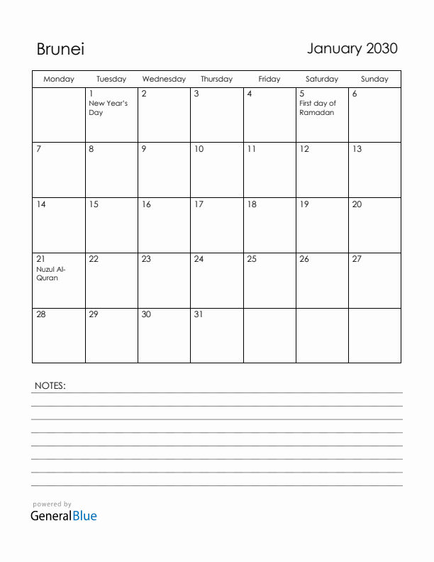 January 2030 Brunei Calendar with Holidays (Monday Start)
