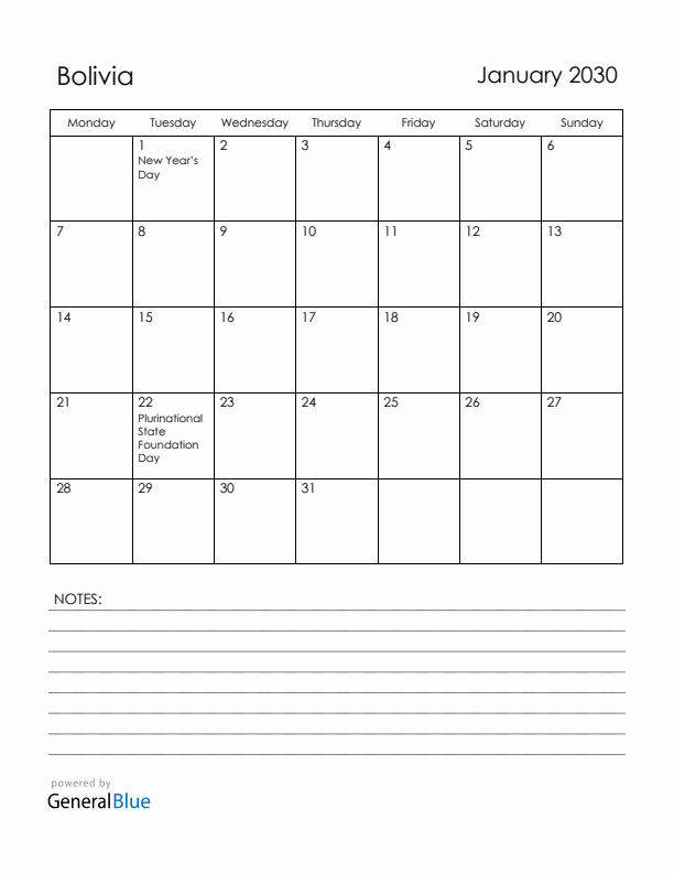 January 2030 Bolivia Calendar with Holidays (Monday Start)