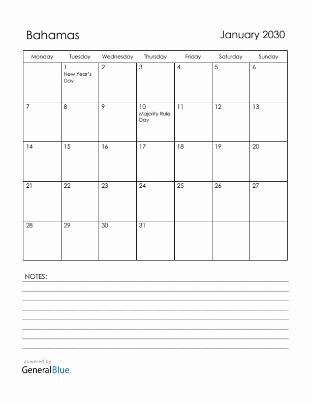January 2030 Bahamas Calendar with Holidays (Monday Start)