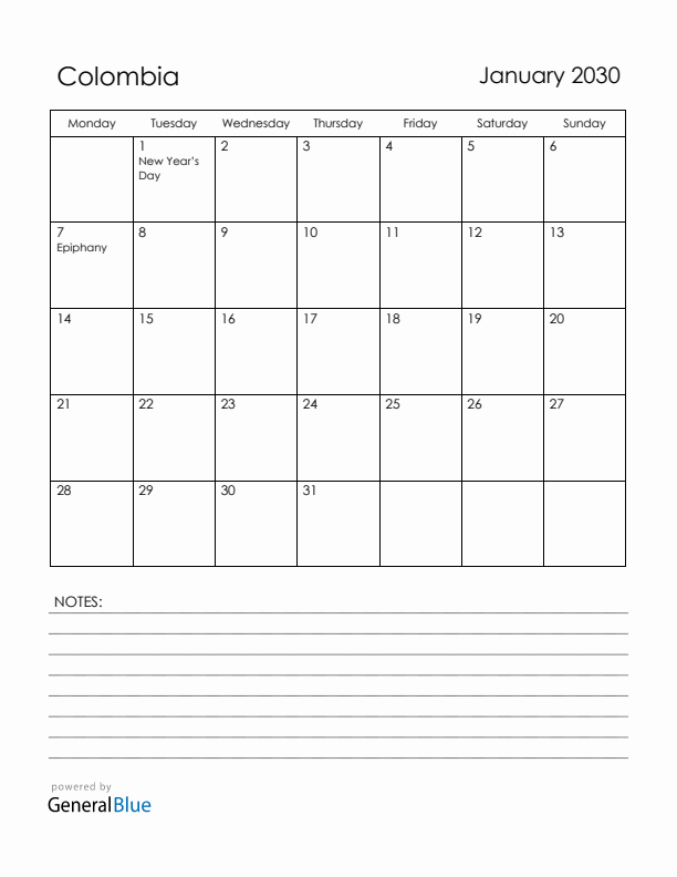January 2030 Colombia Calendar with Holidays (Monday Start)