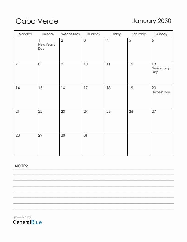 January 2030 Cabo Verde Calendar with Holidays (Monday Start)