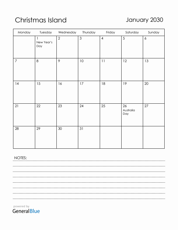 January 2030 Christmas Island Calendar with Holidays (Monday Start)