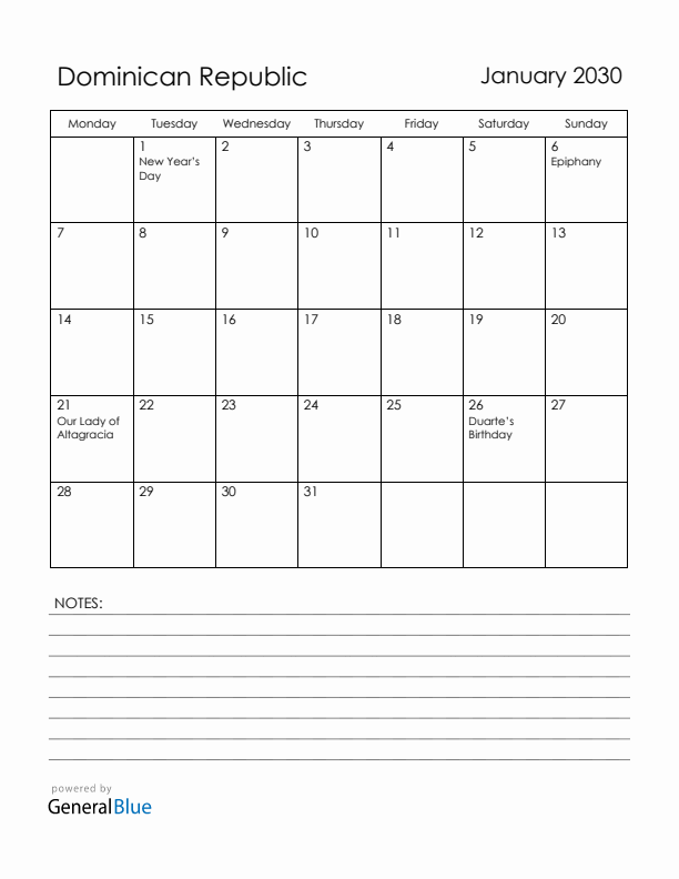 January 2030 Dominican Republic Calendar with Holidays (Monday Start)