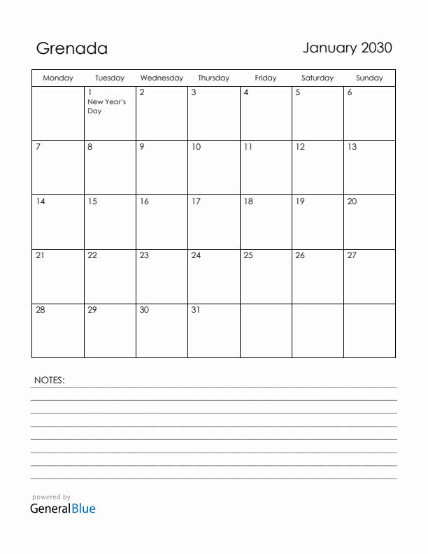 January 2030 Grenada Calendar with Holidays (Monday Start)