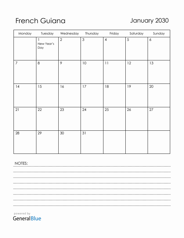 January 2030 French Guiana Calendar with Holidays (Monday Start)