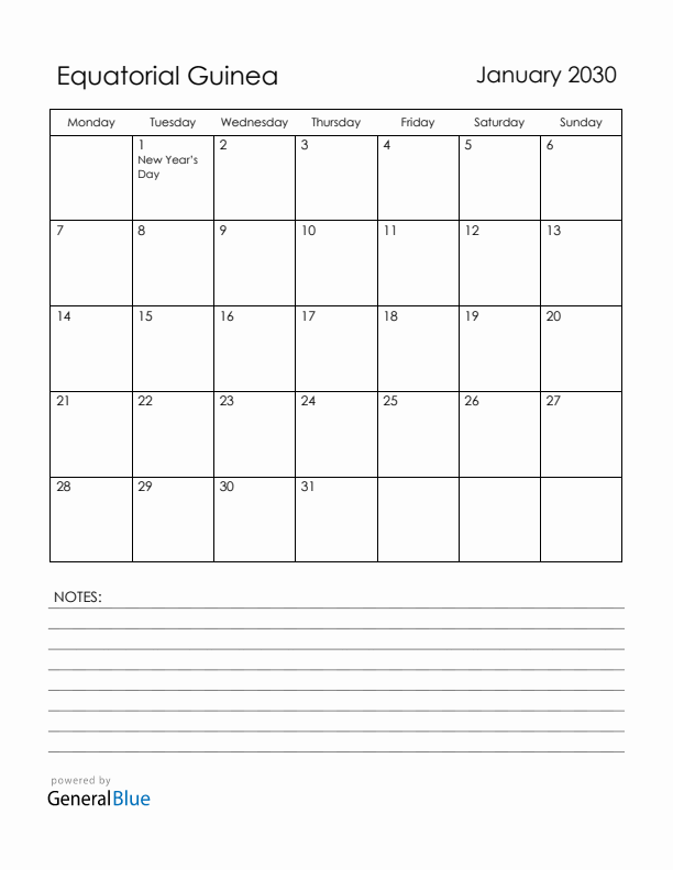 January 2030 Equatorial Guinea Calendar with Holidays (Monday Start)