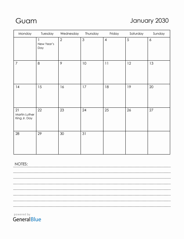January 2030 Guam Calendar with Holidays (Monday Start)