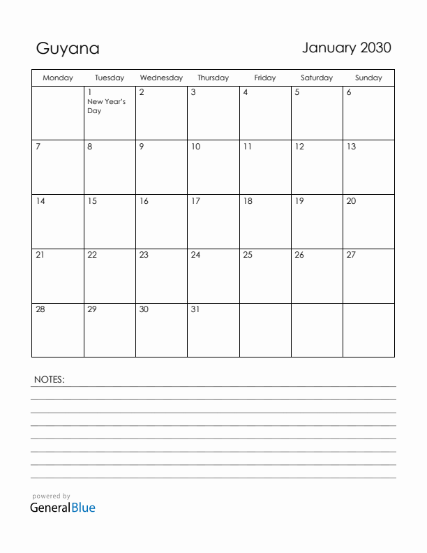 January 2030 Guyana Calendar with Holidays (Monday Start)