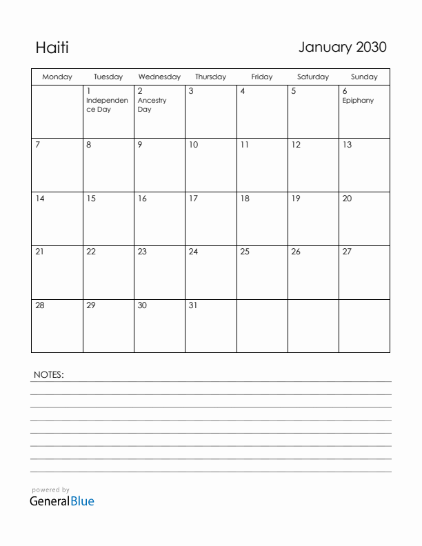 January 2030 Haiti Calendar with Holidays (Monday Start)