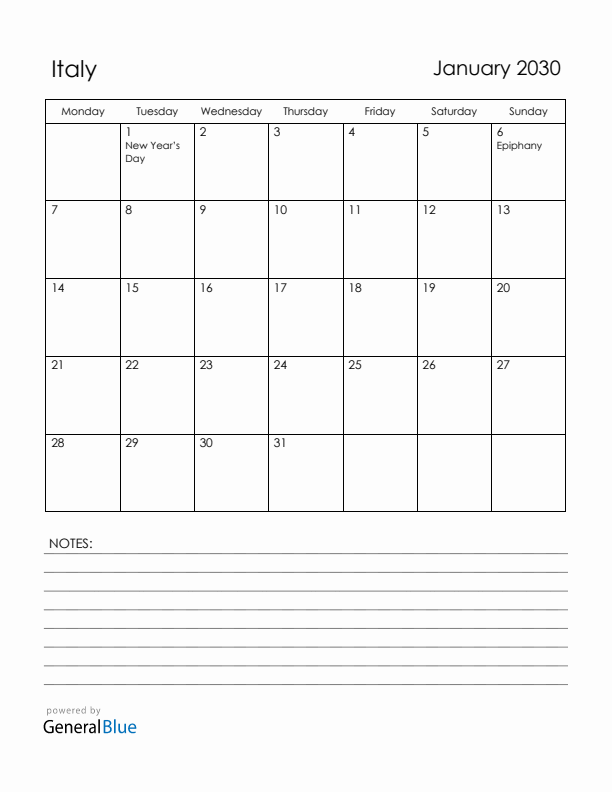 January 2030 Italy Calendar with Holidays (Monday Start)