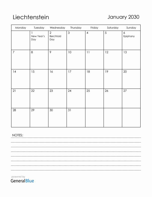 January 2030 Liechtenstein Calendar with Holidays (Monday Start)