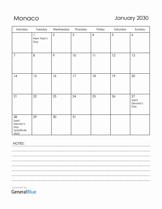 January 2030 Monaco Calendar with Holidays (Monday Start)