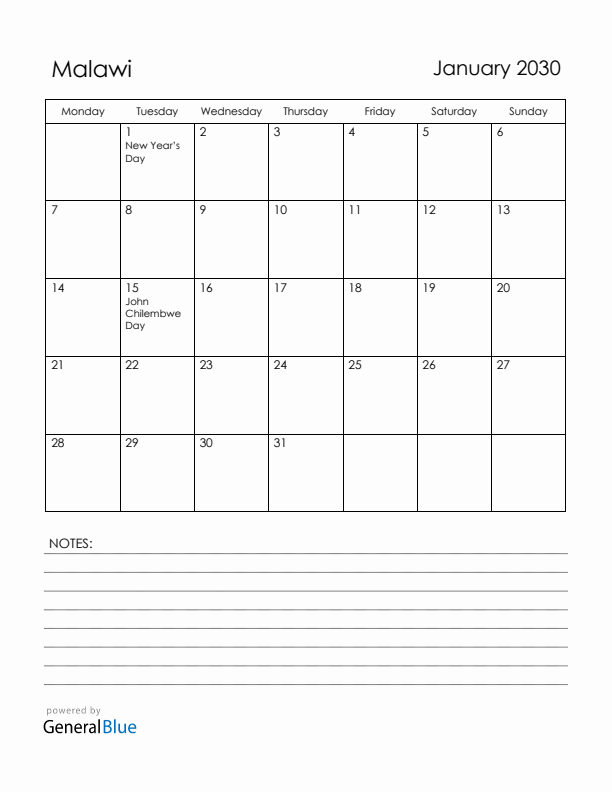 January 2030 Malawi Calendar with Holidays (Monday Start)