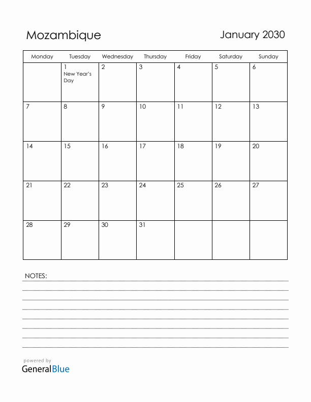 January 2030 Mozambique Calendar with Holidays (Monday Start)