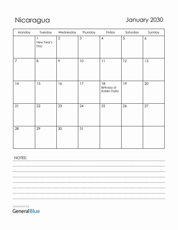 January 2030 Nicaragua Calendar with Holidays (Monday Start)