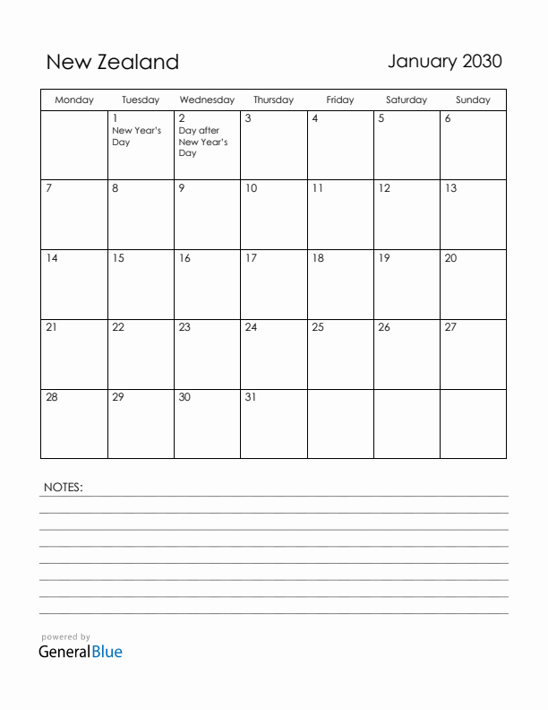 January 2030 New Zealand Calendar with Holidays (Monday Start)