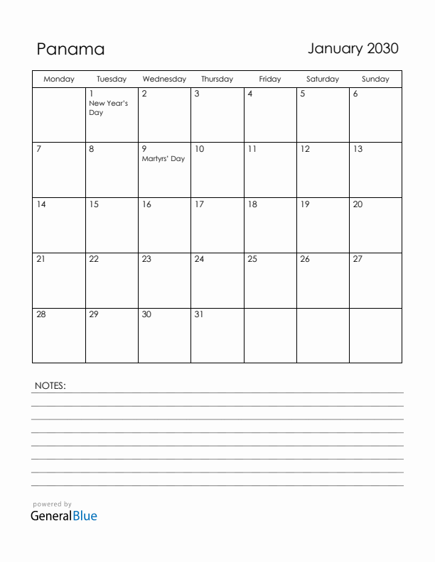 January 2030 Panama Calendar with Holidays (Monday Start)