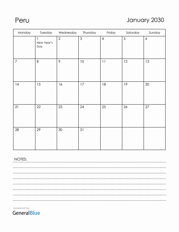 January 2030 Peru Calendar with Holidays (Monday Start)