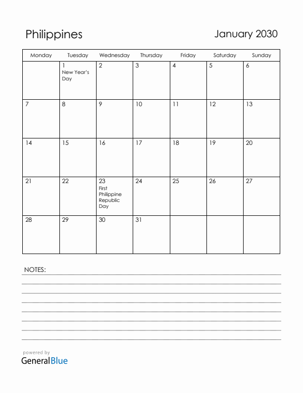 January 2030 Philippines Calendar with Holidays (Monday Start)