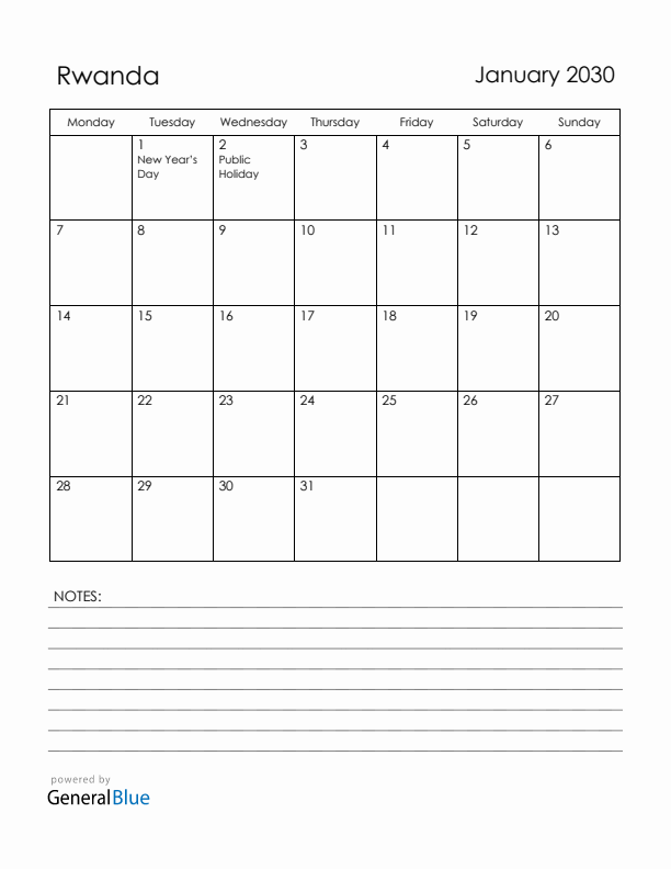 January 2030 Rwanda Calendar with Holidays (Monday Start)
