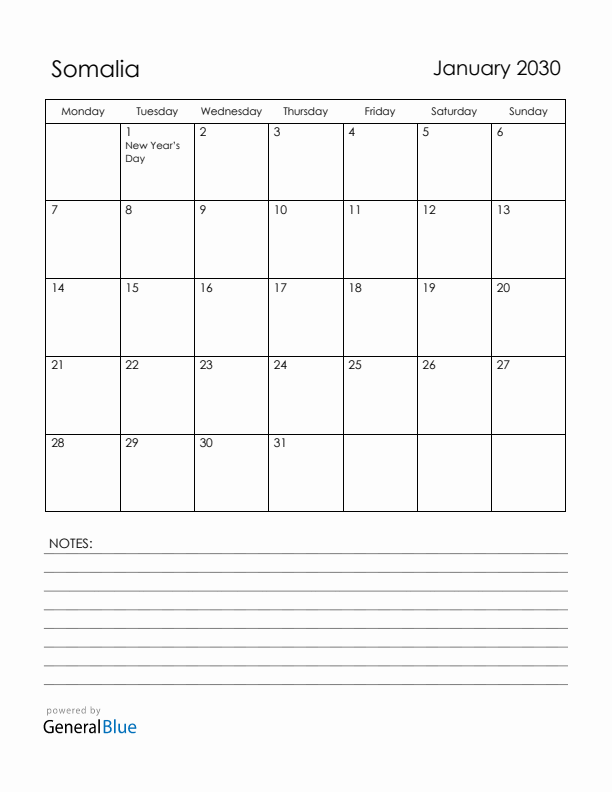 January 2030 Somalia Calendar with Holidays (Monday Start)