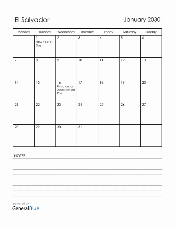 January 2030 El Salvador Calendar with Holidays (Monday Start)