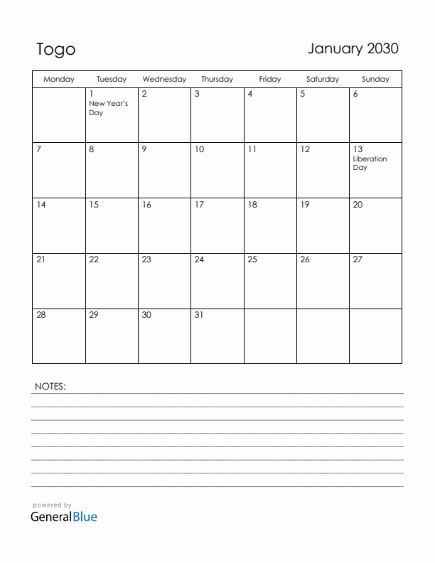 January 2030 Togo Calendar with Holidays (Monday Start)