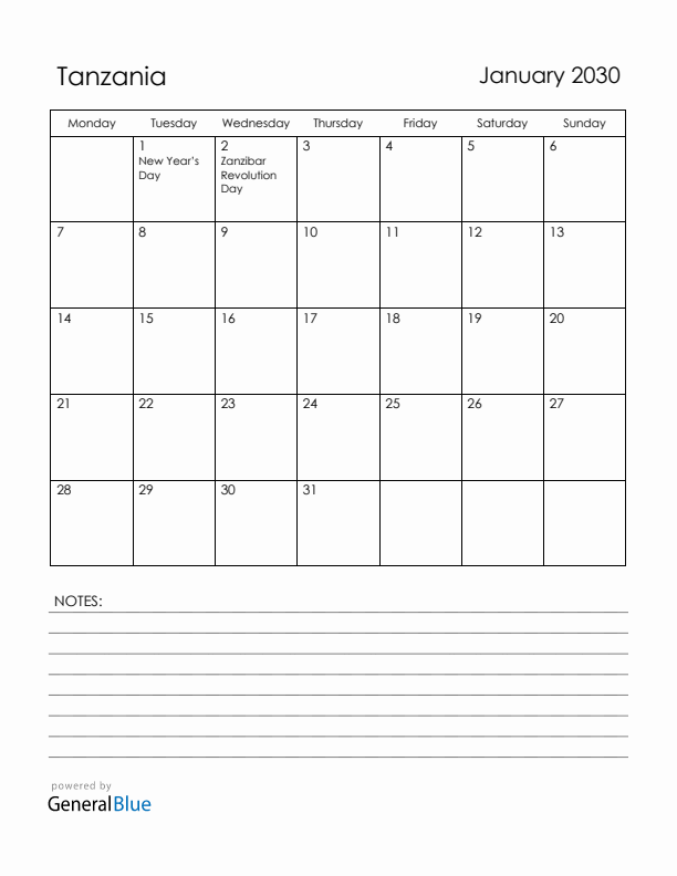 January 2030 Tanzania Calendar with Holidays (Monday Start)