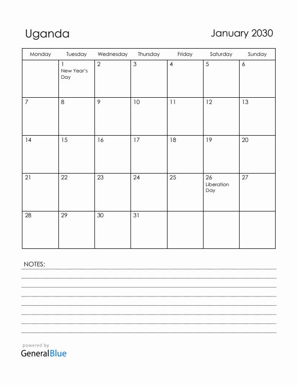 January 2030 Uganda Calendar with Holidays (Monday Start)