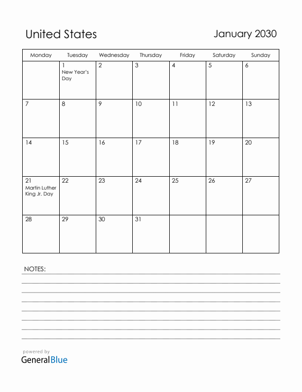 January 2030 United States Calendar with Holidays (Monday Start)