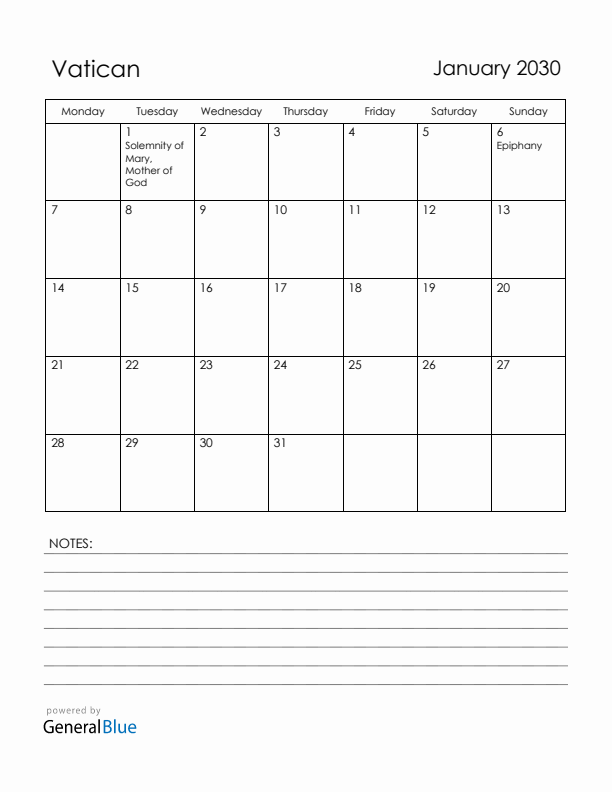 January 2030 Vatican Calendar with Holidays (Monday Start)